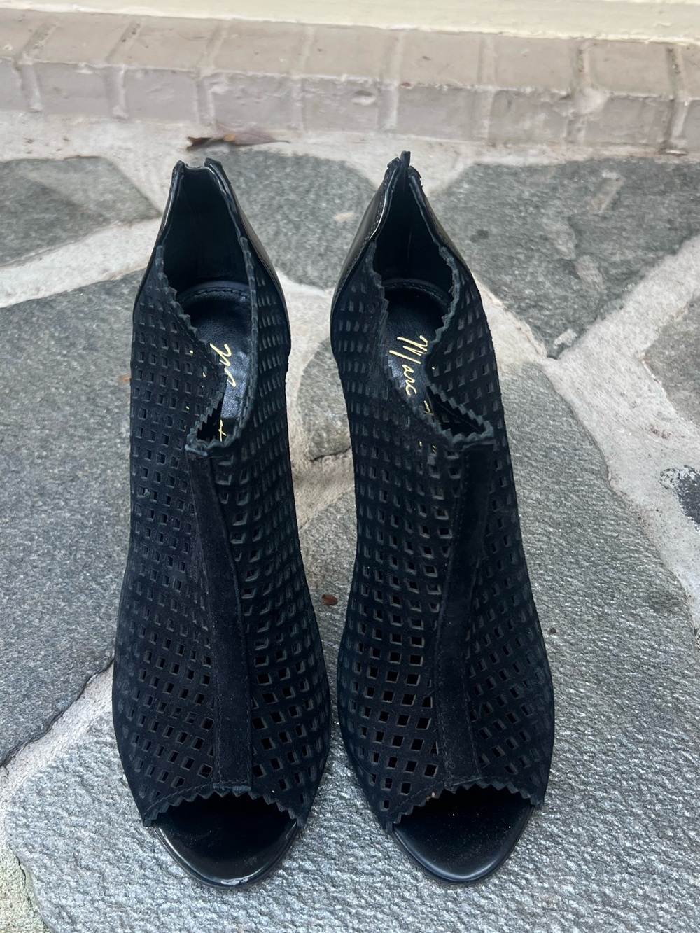 Marc Fisher Black Laser-Cut Peep-Toe Booties